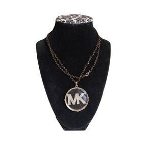 Michael Kors MK Logo Pave Crystal Clear Round Pendant Necklace Gunmetal Chain